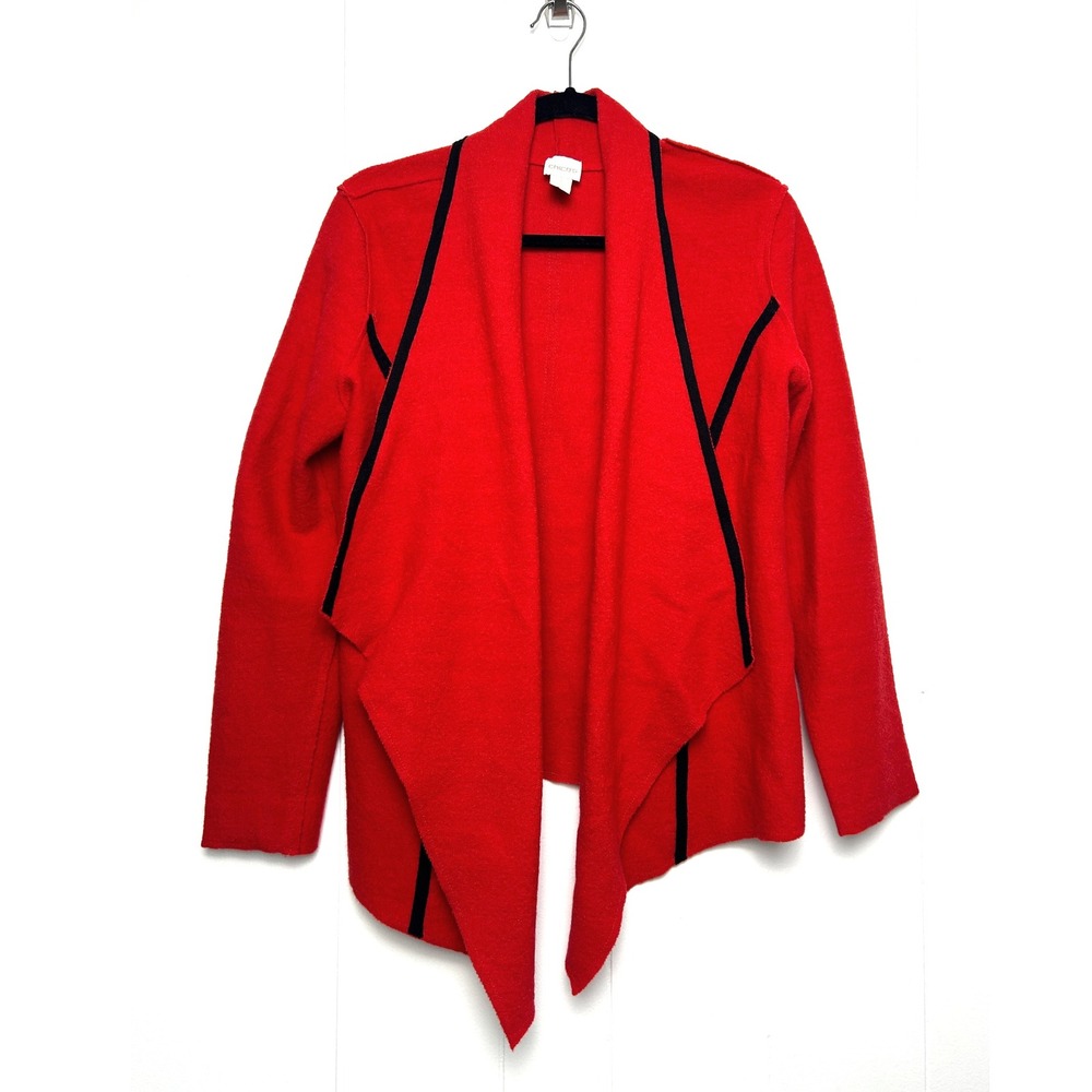 Chicos Traci Red‎ Wool Waterfall Drape Cardigan Sweater Size 1 holiday workwear